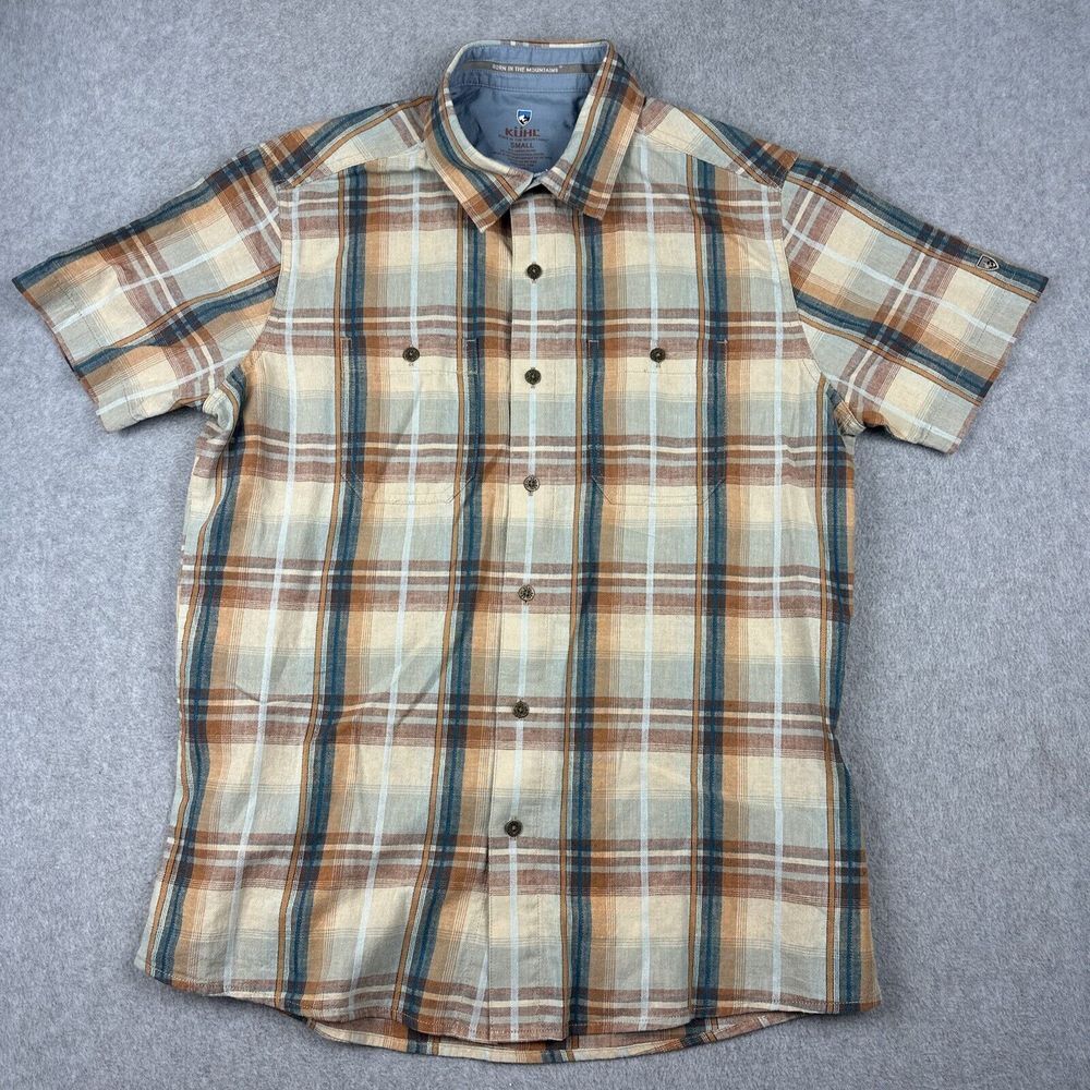 Kuhl Shirt Mens S Button‎ Up Linen Blend S/S Outdoors Hiking Plaid Metal Button